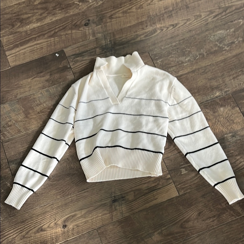 Dry Goods V-Neck White and Black Striped Sweater